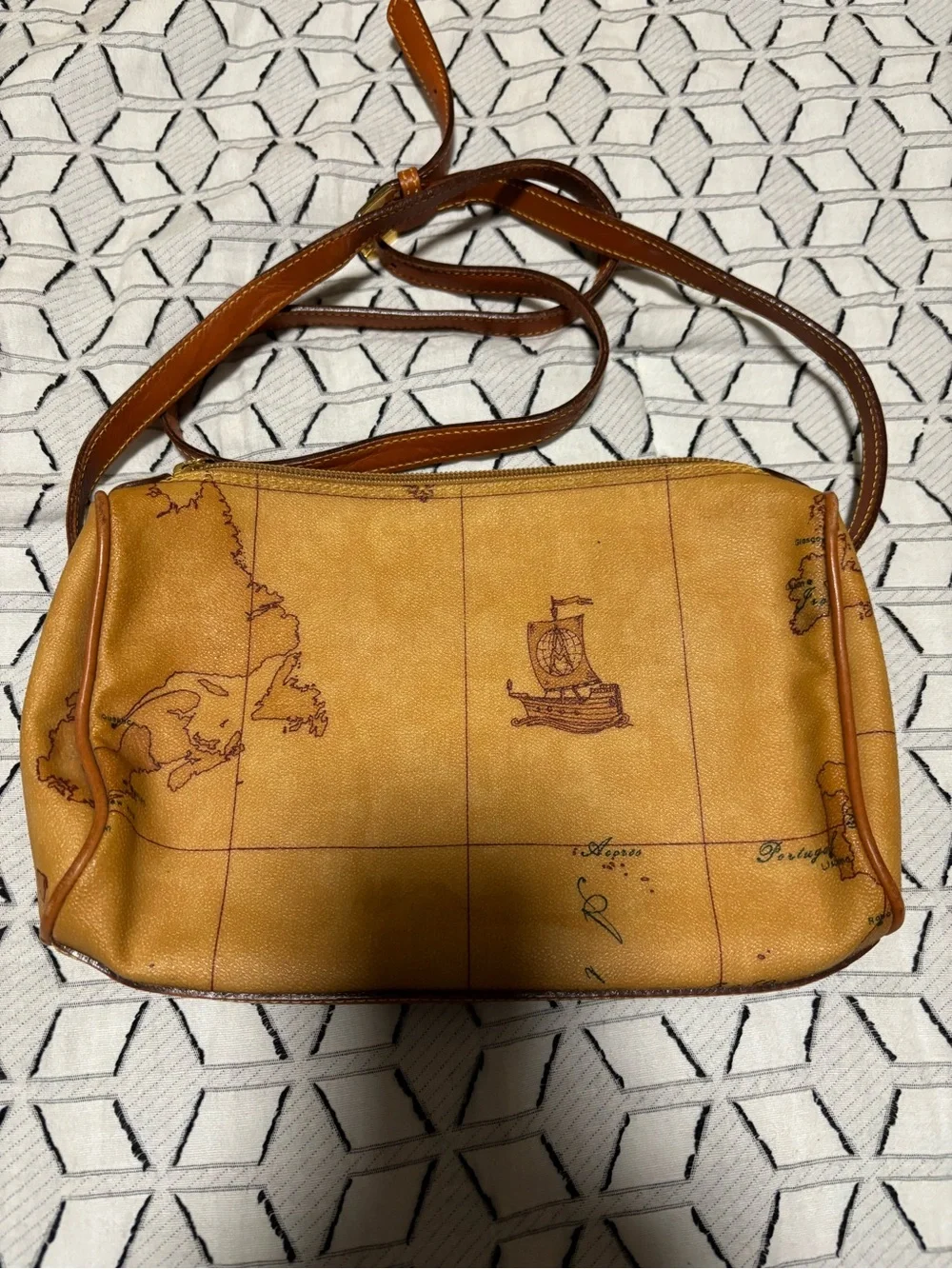 Alviero Martini Tan Geo Map Leather Messenger Crossbody